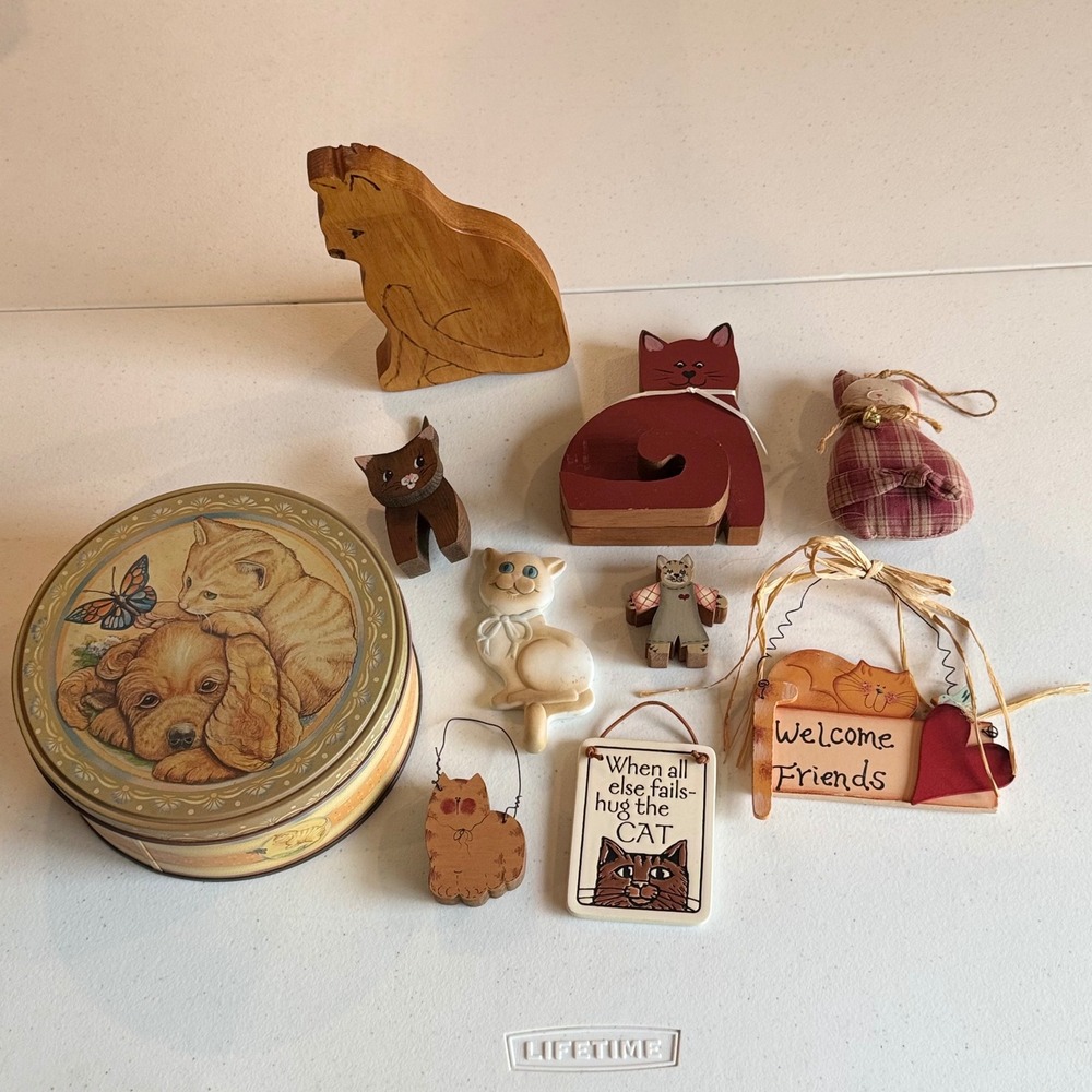 Vintage Wooden Cat Grandma Cottagecore Kitschy Farmhouse Trinkets Miniatures Lot